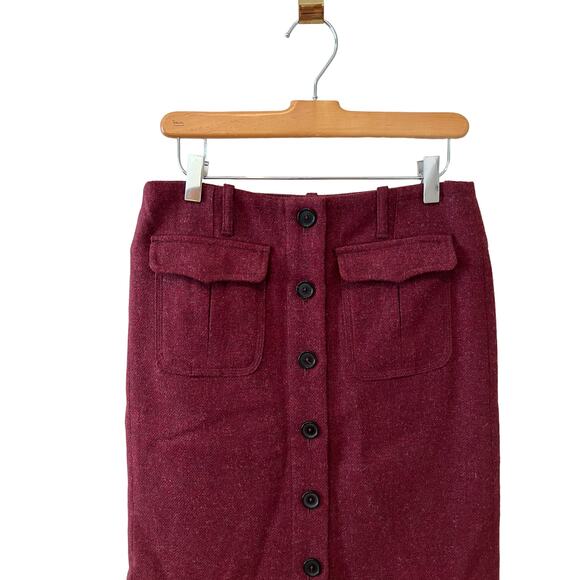 Burberry Red Wool Button Front Military Style Tweed Pencil Skirt 4 - Picture 2 of 9